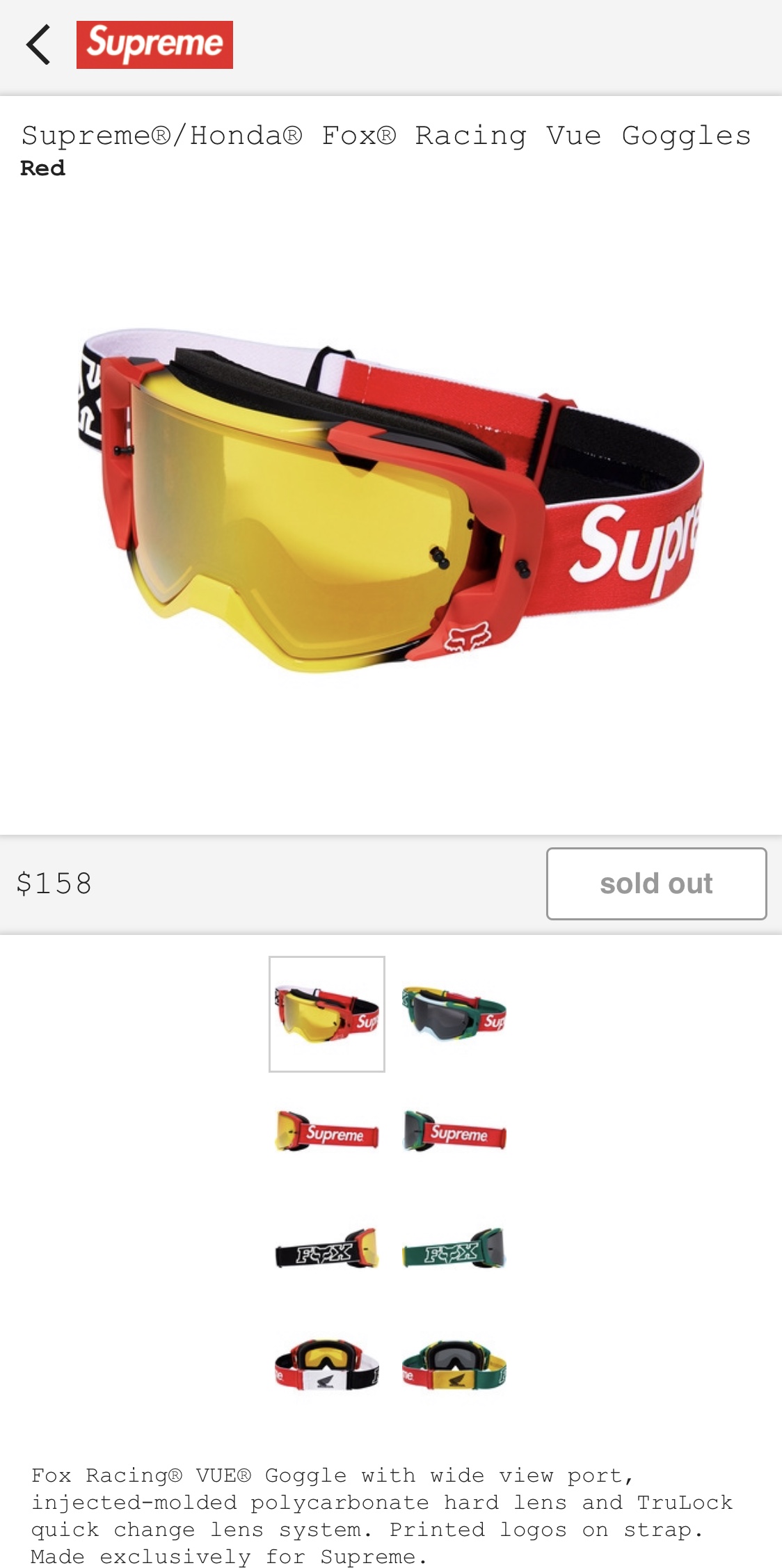 Supreme®/Honda® Fox® Racing Vue Goggles – Red - AuthentKicks